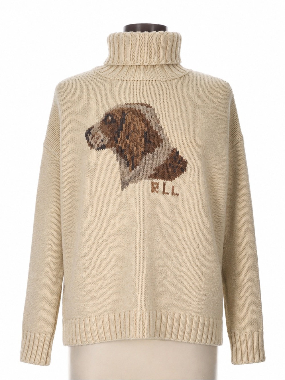 Vintage Ralph Lauren Hand Knit Dog Sweater Turtleneck Womens L Beige 100% Cotton